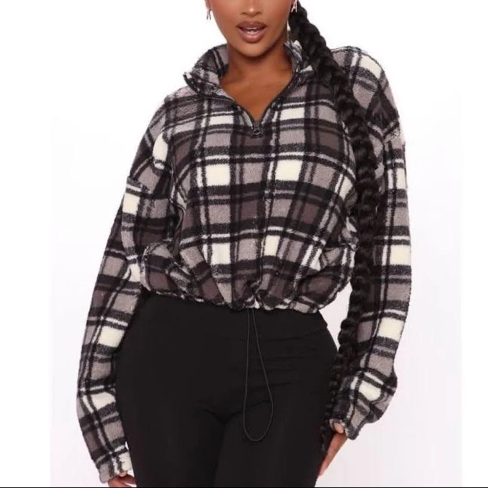 Love Tree Plaid Sherpa Quarter Zip Pullover​​​​​​​​​​